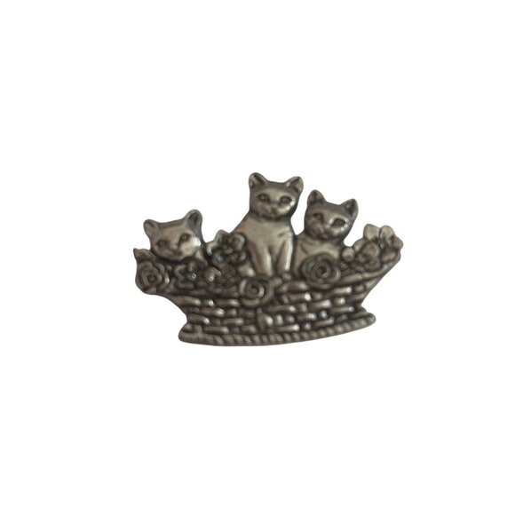 Seagull Pewter Canada Vintage Womens Basket Brooch Signed 1987 Cats - Picture 1 of 6